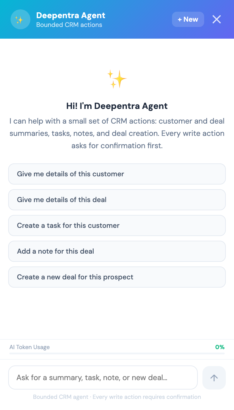 Deepentra Agent — the in-app AI assistant panel