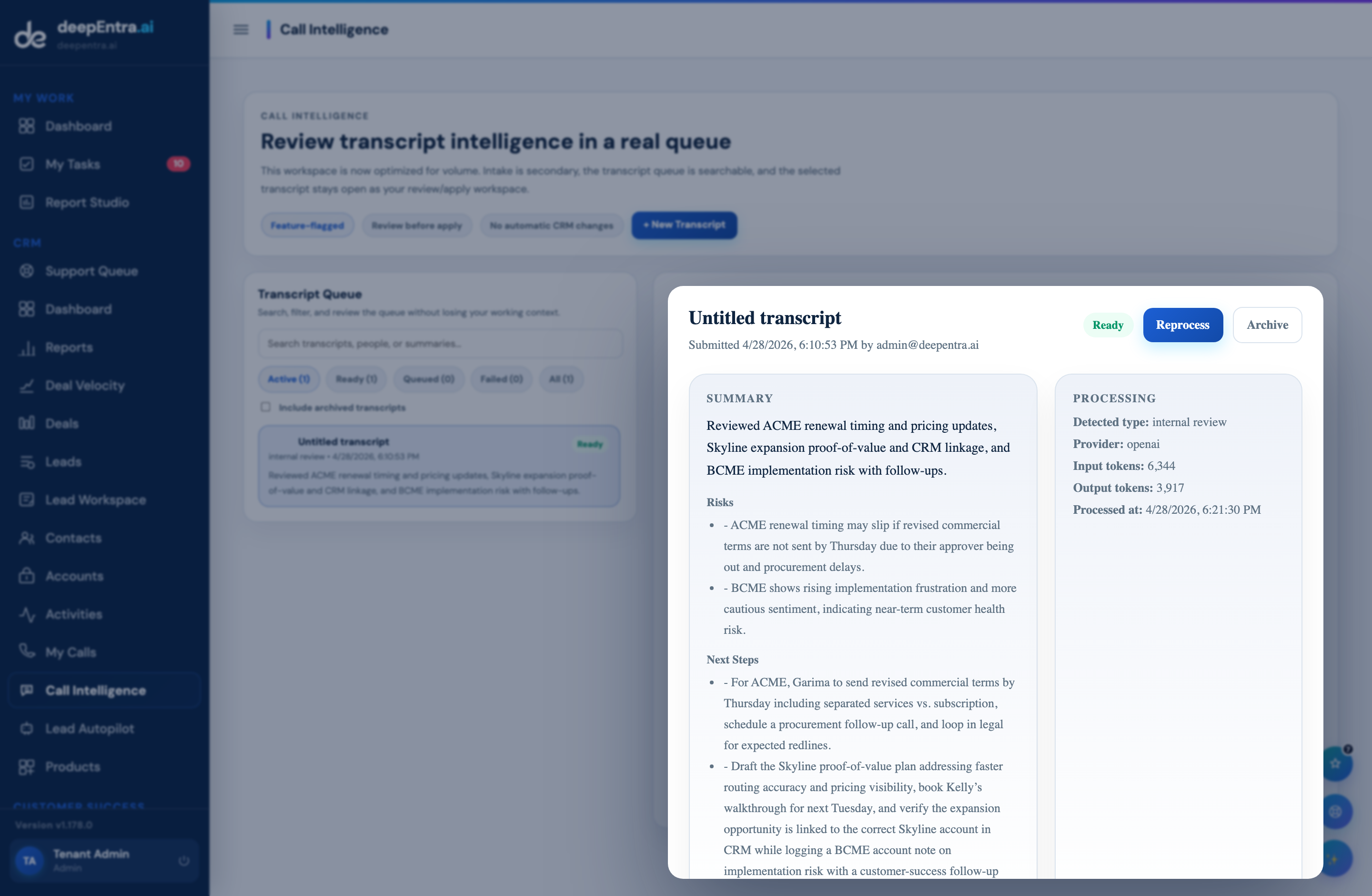 deepEntra call intelligence - transcript review, focused